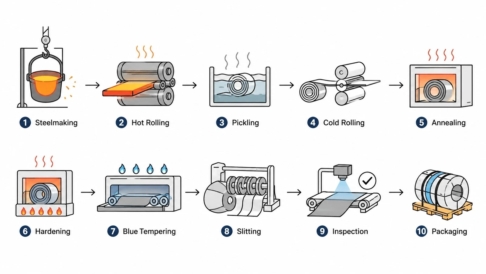Manufacturing process of blue tempered spring steel strip from steelmaking to packaging Manufacturing process of blue tempered spring steel strip from steelmaking to packaging